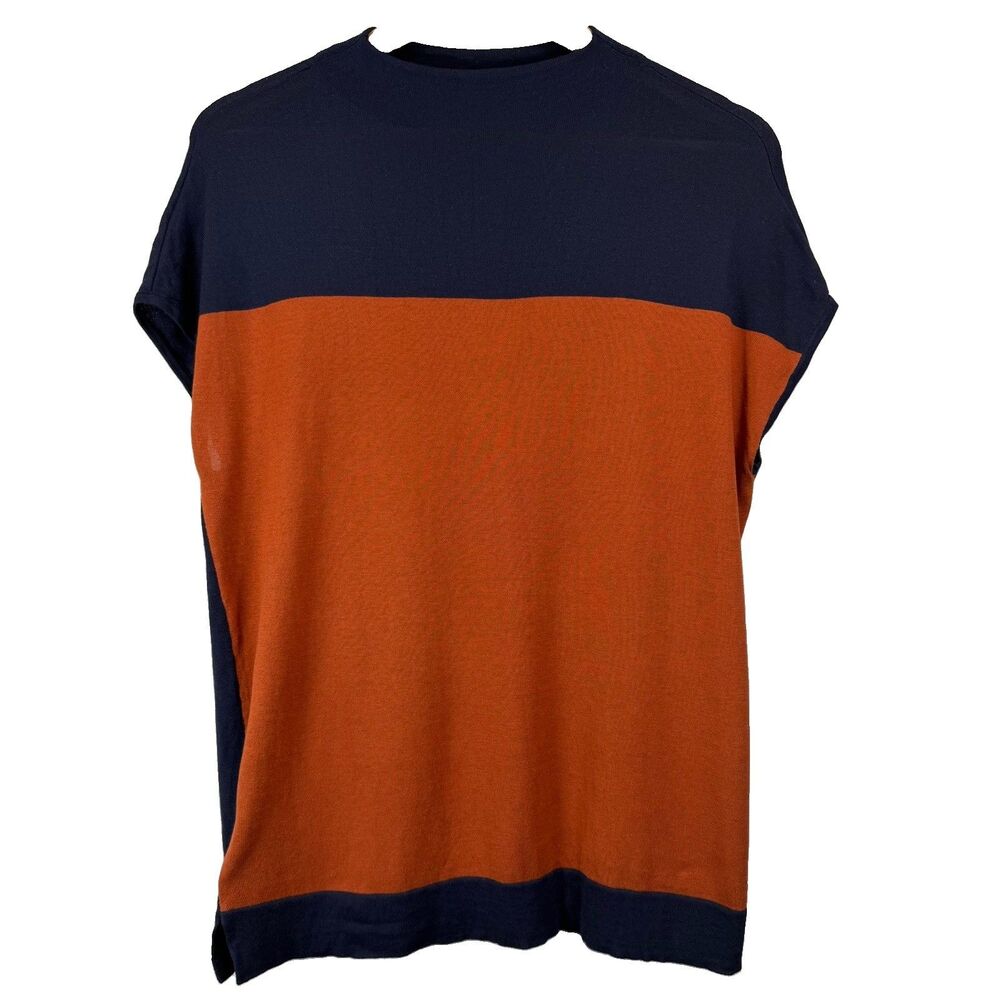 Ann Taylor Womens Size M Silk Blend Cap Sleeves Color Block Orange Top Blouse